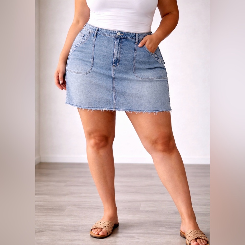 Plus Size Light Blue Denim Mini Skirt - High Waist Casual